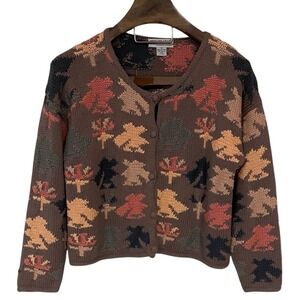 Vtg Worlds Apart Hand Knit Aztec Button up Crop Boxy Cardigan Boho Fall Cotton M